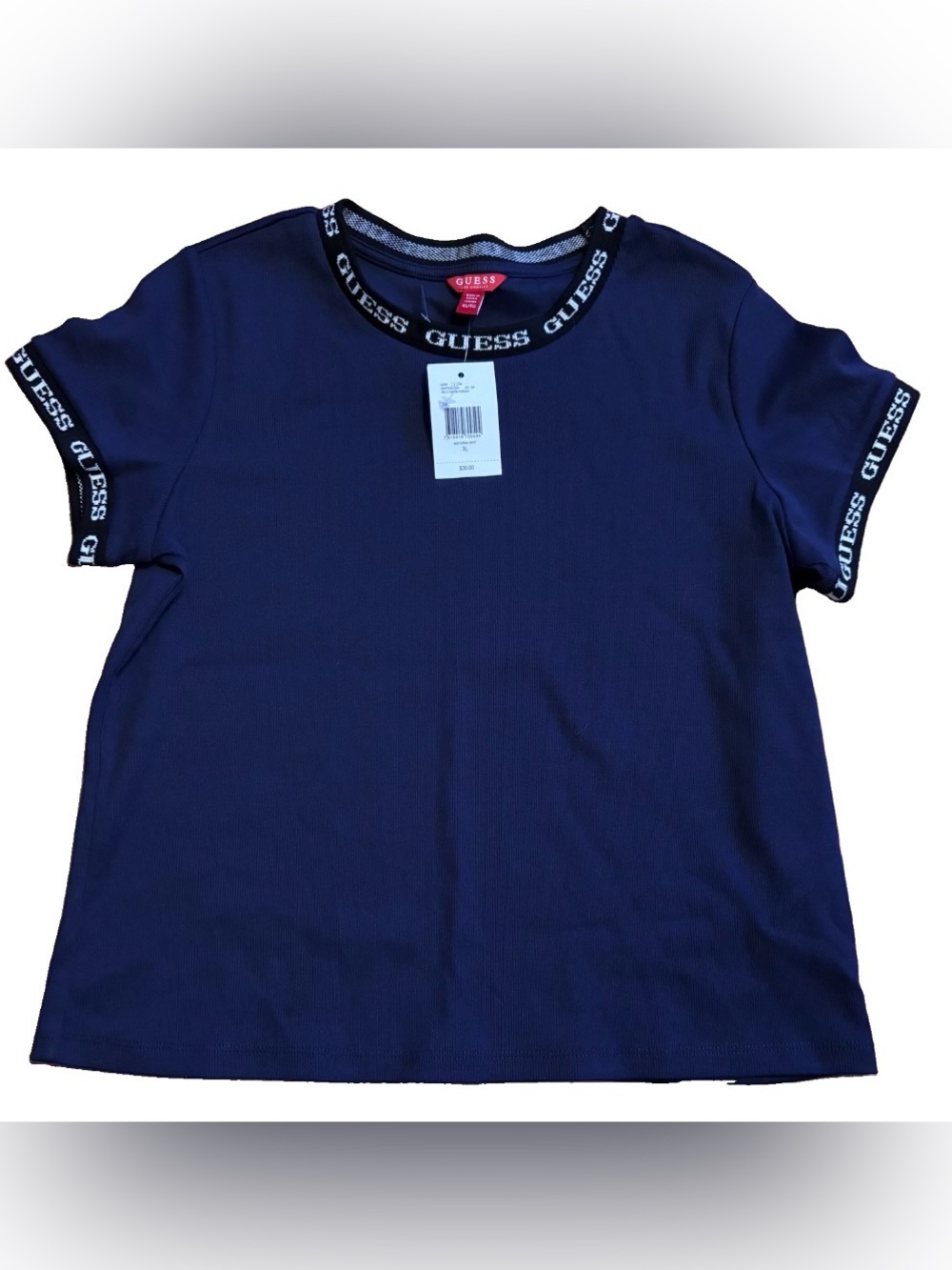 Guess Women’s Navy Logo-Trim Short Sleeve Ribbed Tee - XL